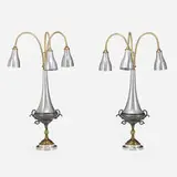 Dez Ryan, Floor lamps, pair, 1990, aluminum, brass-plated metal, plaster, plastic, patinated metal