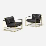 Lounge chairs model 1250-103-SB, pair by Milo Baughman, 1972 / 2018, satin brass-plated steel, leather, sold Jul 2023