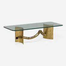 Coffee table by Silas Seandel, c. 1980, bronze, glass, sold Jul 2023