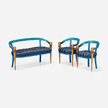 Colombostile, Venetian settee and chairs, pair, c. 1995, painted and gilt wood, mixed wood inlay, upholstery