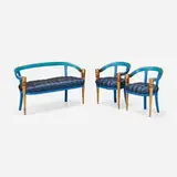 Colombostile, Venetian settee and chairs, pair, c. 1995, painted and gilt wood, mixed wood inlay, upholstery