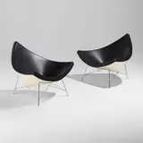 Coconut chairs, pair by George Nelson & Associates, 1956 / 2006, leather, chrome-plated steel, molded plastic, sold Jul 2023
