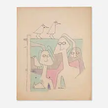 Ruth Sharon, Figures and Birds, watercolor and ink on mat board