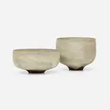 Round bowl with fingermarks, set of two by Gertrud and Otto Natzler, 1964-65, earthenware with Ivory Alkaline glaze, earthenware with Old Ivory Alkaline glaze, sold Jul 2023