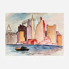 New York Skyline by Gershon Benjamin, 1947, gouache on paper (double-sided), sold Jul 2023