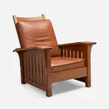 L. & J.G. Stickley, Drop-arm Morris chair, model 410, c. 1910-15, oak, leather