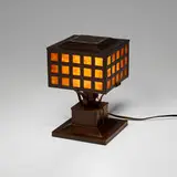 Rare square boudoir lamp by Heintz Art Metal Shop, c. 1915, bronze, sterling silver, mica, sold Jun 2026