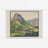 Frances Gearhart, Untitled (Homestead in the Mountains), c. 1930, woodcut in colors