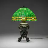 Bradley & Hubbard, Converted table lamp base with Arts & Crafts shade, c. 1890-1900, leaded glass, wrought iron