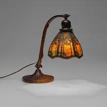 Handel, Teroca Sunset Pine overlay adjustable desk lamp, c. 1910, bronzed metal, slag glass