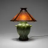 Benedict Art Studio and Fulper Pottery, Table lamp, c. 1910, Cucumber Crystalline-glazed stoneware, handwrought patinated copper, mica, carved and lacquered wood