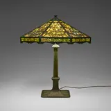 Bradley & Hubbard, Overlay table lamp with floral and fern motifs, c. 1915, slag glass, patinated metal
