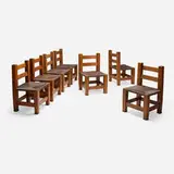 Michigan Chair Co., Dining chairs, set of seven, c. 1910, oak, lacquered rush