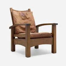 Gustav Stickley, Early bow-arm Morris chair, model 2340, c. 1902, oak, leather