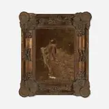 Carl Everton Moon, The Hunter, in exceptional Arts & Crafts frame, 1914, photogravure in colors laid to board, carved wood