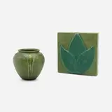 Vase and tile by Grueby Faience Company and J.B. Owens Pottery, 1899-1910, glazed earthenware, sold Mar 2026