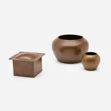 Collection of three table articles by Dirk Van Erp, c. 1913-30, handwrought copper, glass, sold Mar 2026