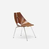 Ray Komai, lounge chair, 1949, walnut plywood, chrome-plated steel, aluminum, stainless steel