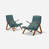 Eero Saarinen, Grasshopper chairs, pair, 1948, stained and laminated birch plywood, upholstery
