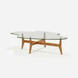 Jens Risom, Freeshape coffee table, model T-362, 1949, stained mahogany, glass