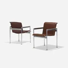 Prototype 1966 dining chairs, pair by Richard Schultz, c. 1997, polished aluminum, leather, sold Sep 2017
