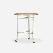 occasional table, model 1618 by Warren McArthur, c. 1935, spun aluminum, maple, rubber, sold Sep 2017