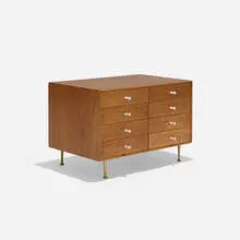 George Nelson & Associates, miniature cabinet, model 5212, 1952, walnut, stained ash, brass, porcelain