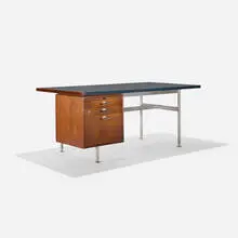 Jens Risom, desk, c. 1955, walnut, aluminum, leather