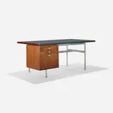 Jens Risom, desk, c. 1955, walnut, aluminum, leather