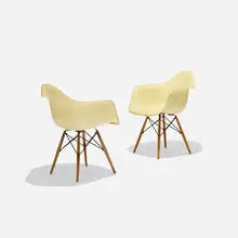 Charles and Ray Eames, DAWs, pair, 1951, molded fiberglass with rope edge, birch, enameled steel, rubber