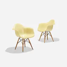 Charles and Ray Eames, DAWs, pair, 1951, molded fiberglass with rope edge, birch, enameled steel, rubber