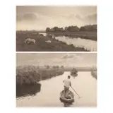 Peter Henry Emerson, Selected Images from 'Life and Landscape on the Norfolk Broads', 1886, Two platinum prints, including 'On the River Bure' and 'Quanting the Marsh Hay'; each mounted