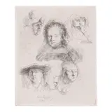 Rembrandt Harmensz van Rijn, Studies of the Head of Saskia and Others (Barstch, Hollstein 365, Hind 145, New Hollstein 157), 1636, Etching on laid paper, New Hollstein's first state (of 2)