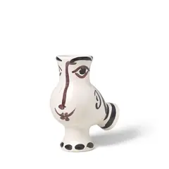 Pablo Picasso, Chouette visage de femme (Woman-Faced Wood-Owl) (Ramié 144), 1952, White earthenware clay turned vase, decoration in oxides, knife engraved on white enamel painted in brown and black
