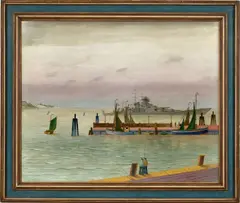 Franz Radziwill, Eckernförde / Deutsches Schlachtschiff in der Eckernförder Bucht, 1942, Öl auf Leinwand auf Holz