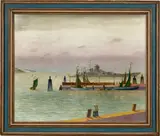 Franz Radziwill, Eckernförde / Deutsches Schlachtschiff in der Eckernförder Bucht, 1942, Öl auf Leinwand auf Holz