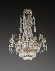 Werner & Berlin Mieth, Achtflammige Reifenkrone mit Flußglasschale. Kurz vor 1800, Bronze und Messing, vergoldet; Glasbehand, Flußglas. 130 cm; Ø 85 cm (51 ⅛ in.; Ø 33 ½ in.)