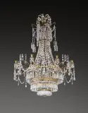 Werner & Berlin Mieth, Achtflammige Reifenkrone mit Flußglasschale. Kurz vor 1800, Bronze und Messing, vergoldet; Glasbehand, Flußglas. 130 cm; Ø 85 cm (51 ⅛ in.; Ø 33 ½ in.)