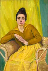 Sitzende Dame im Korbstuhl by Koloman Moser, Um 1910, Öl auf Leinwand. Doubliert, sold Jul 2020