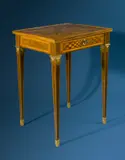 David Roentgen, Tisch mit dem Profilbildnis von Landgraf Friedrich II. Hessen-Kassel (1720–1785), 1770, Ahorn, Buchsbaum, Rüster und diverse Edelhölzer auf Eiche furniert; Marketerien z.T. aus gefärbtem Ahornholz; Bronzebeschläge, ziseliert, feuervergoldet