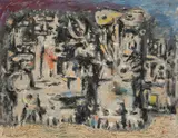 Willi Baumeister, Helle Figuren auf Dunkel, 1947, Öl mit Kunstharz und Spachtelkitt auf Karton