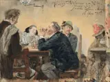 Adolph von Menzel, Im Peterskeller zu Salzburg, 1888, Gouache auf leichtem Karton, auf Karton aufgezogen