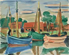 Kutter in Leba by Max Pechstein, 1924, Aquarell über Kreide auf Papier (Prägestempel: G.H. mit dem Signet einer Axt), sold Nov 2010