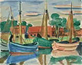 Max Pechstein, Kutter in Leba, 1924, Aquarell über Kreide auf Papier (Prägestempel: G.H. mit dem Signet einer Axt)