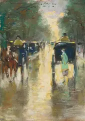 Lesser Ury, Droschken (Regenstimmung), Um 1915, Pastell auf Pappe