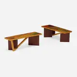 Jay Stanger, Benches/coffee tables, two, c. 1990, purpleheart, oak, maple, aniline-dyed mixed wood inlay