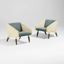 Gio Ponti, Lounge chairs from the Parco dei Principi, Rome, pair, 1964, skai, upholstery, lacquered wood, brass