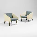 Gio Ponti, Lounge chairs from the Parco dei Principi, Rome, pair, 1964, skai, upholstery, lacquered wood, brass