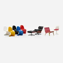 Vitra., Collection of four miniatures, c. 2000, plastic, bent plywood, cast aluminum, leather, beech, fabric, lacquered polyurethane