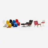 Vitra., Collection of four miniatures, c. 2000, plastic, bent plywood, cast aluminum, leather, beech, fabric, lacquered polyurethane